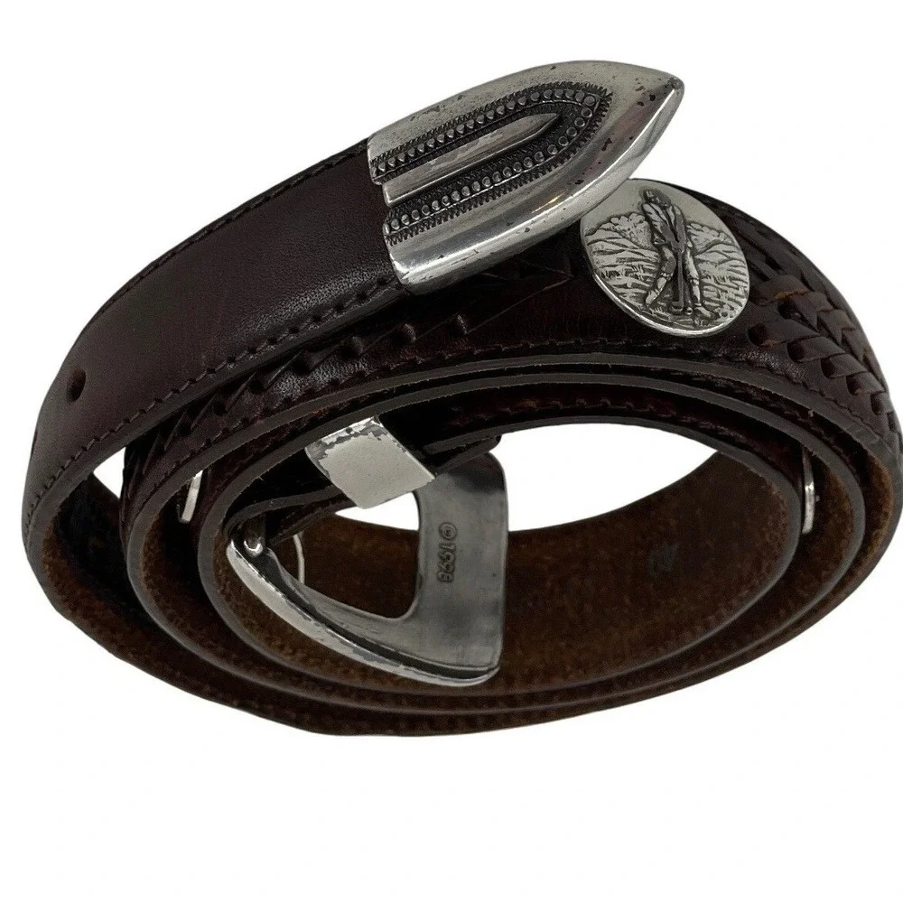 Brighton Onyx Golf Belt Mens 40 Brown Leather Braided Player Concho Vintage 1998